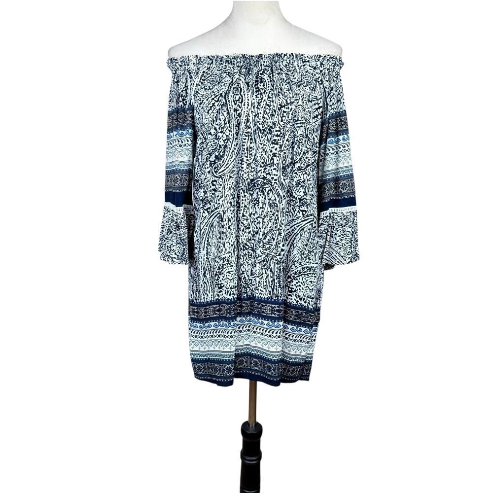 Papillon Black and White Paisley Patterned Off the Shoulder Bell Sleeve Top